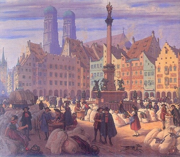 027-Рынок зерна на Мариенплац -18 век. Художник Х.Штадельман